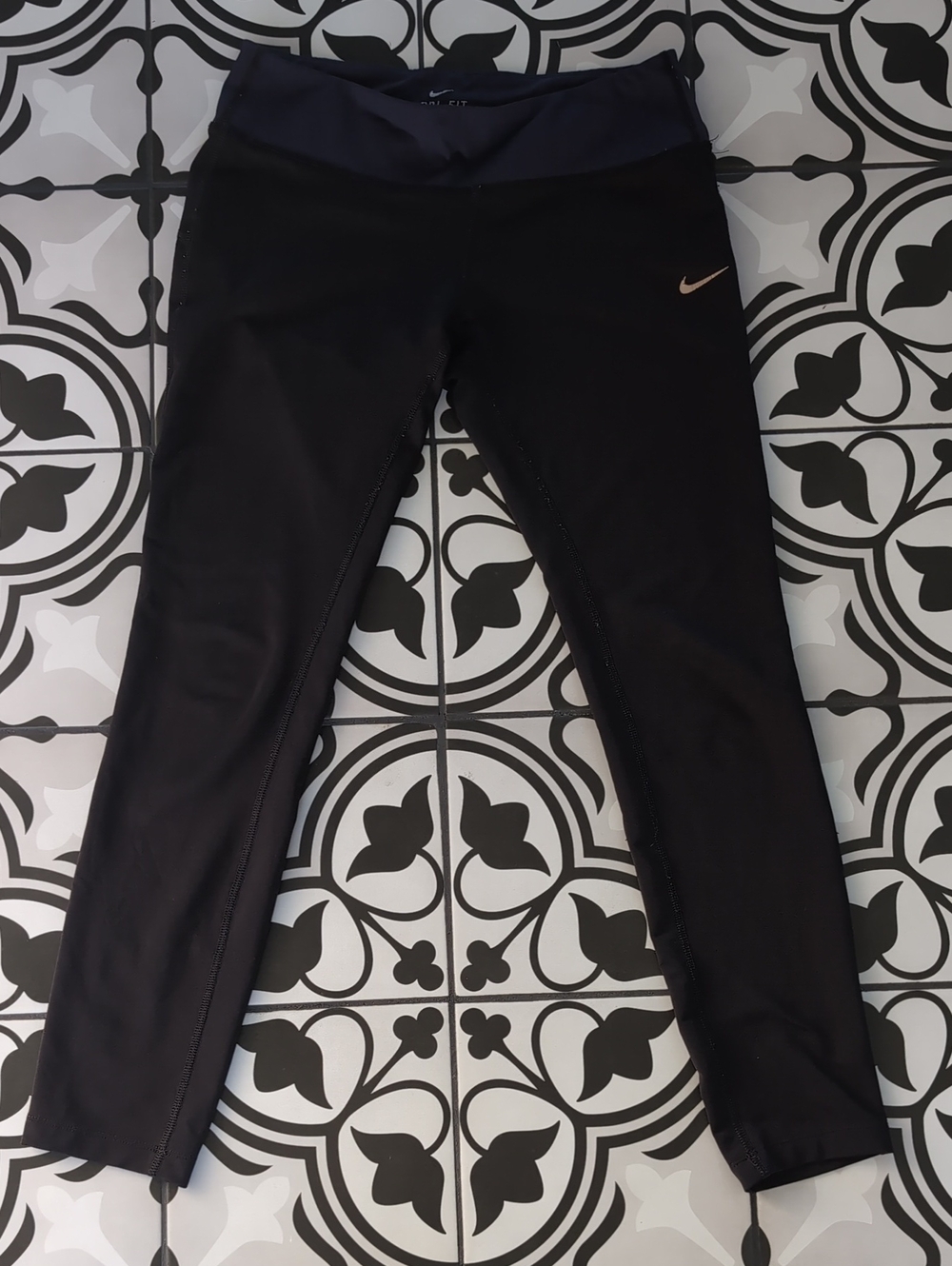 Nike Black Leggings with Navy Waistband and Small Swoosh